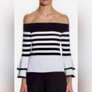 Chic Scripted B&W Off-The-Shoulder Striped Sweater W/Bell Cuffs. Sz M Pre-Loved